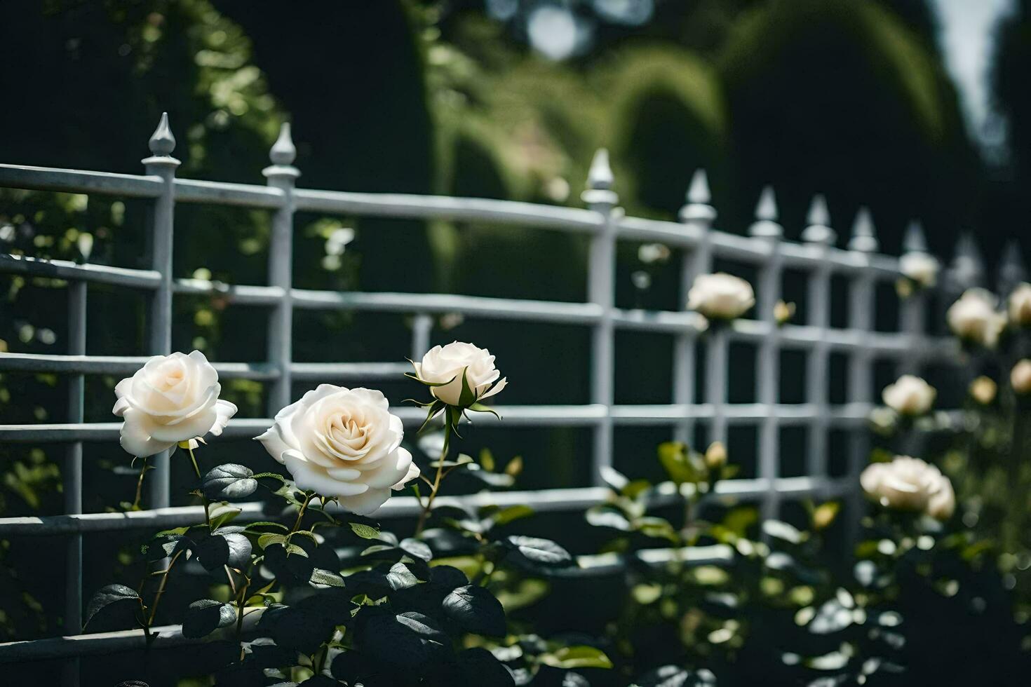 white roses in front of a white fence. AI-Generated photo