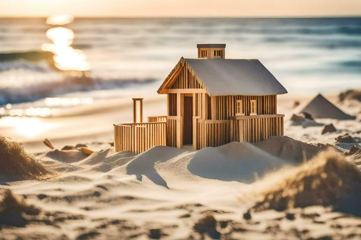 a wooden house on the beach at sunset. AI-Generated photo