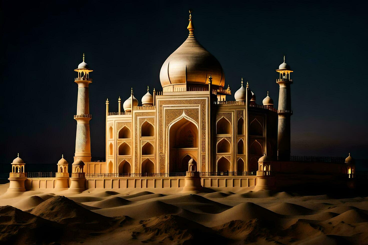 the taj mahal is lit up at night. AI-Generated photo