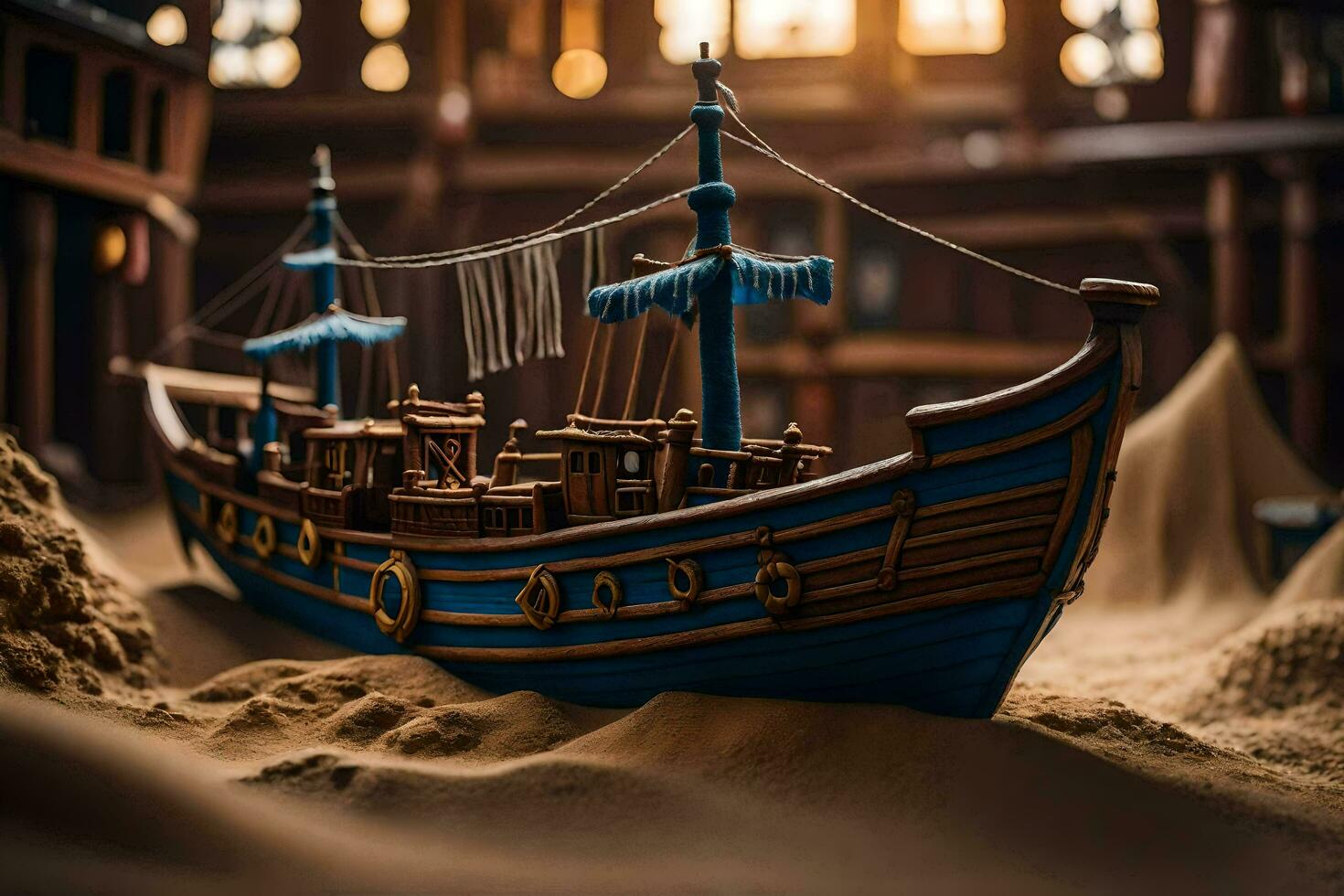 a model of a ship in the sand. AI-Generated photo