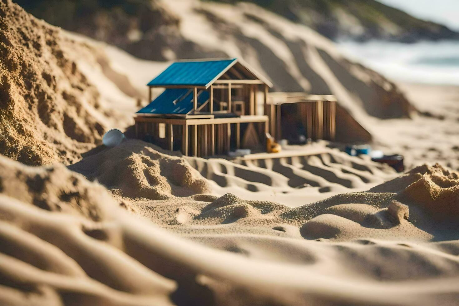 a miniature house on the beach with sand. AI-Generated photo