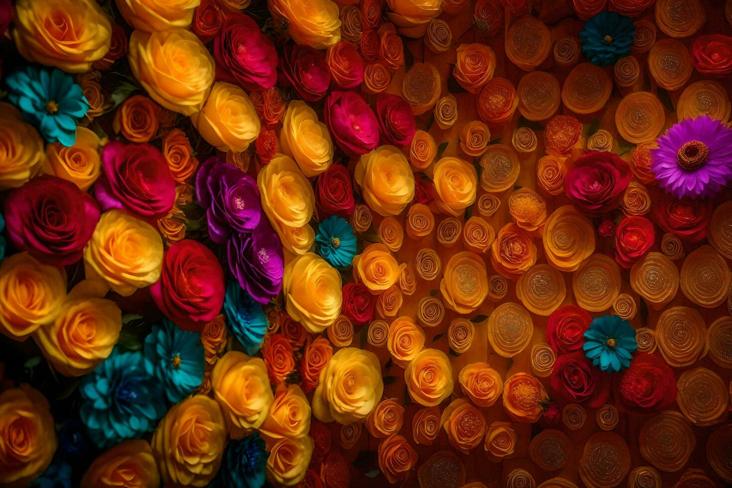 colorful flowers are arranged in a wall. AI-Generated photo