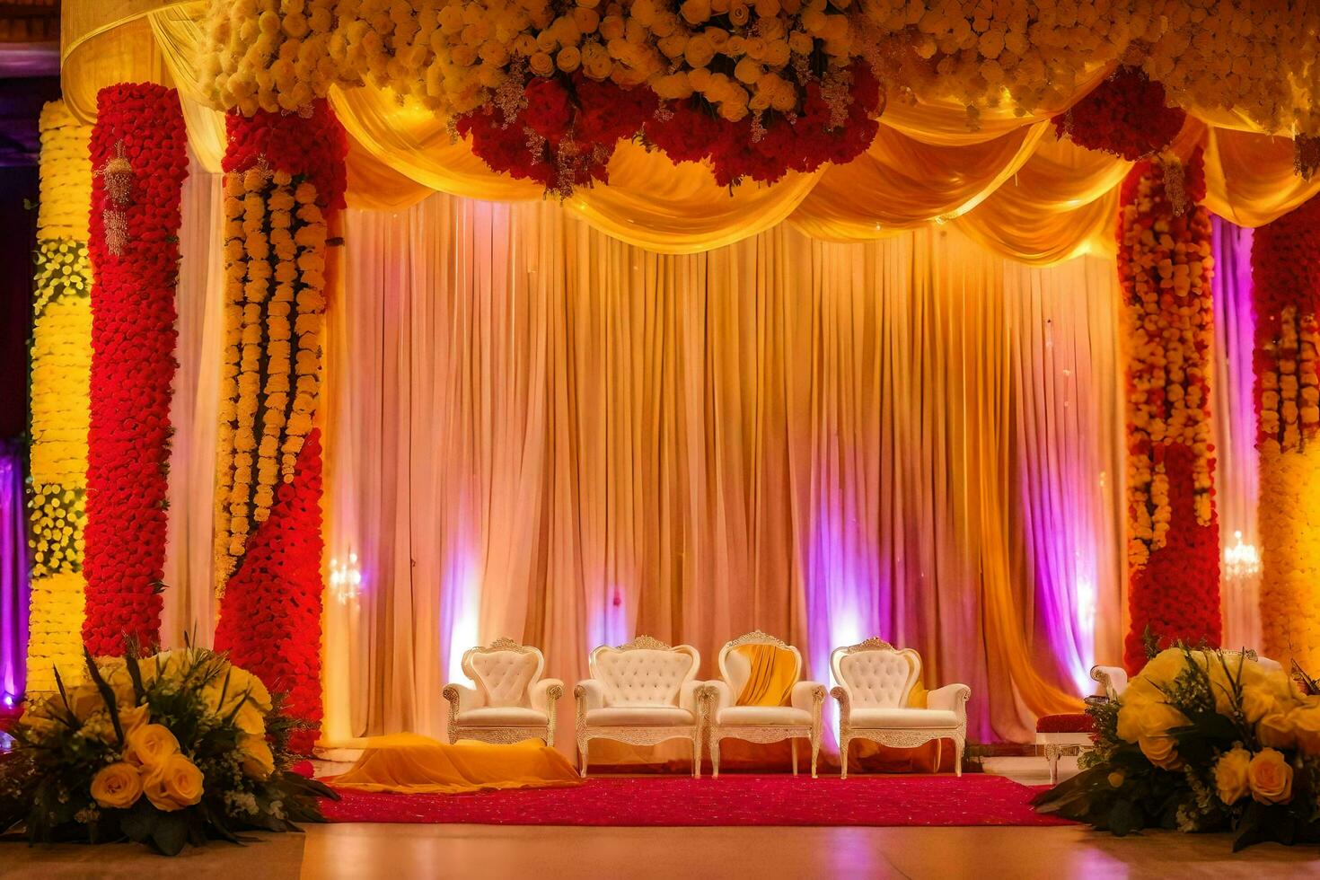 an indian wedding stage decorated with yellow and red flowers. AI-Generated photo