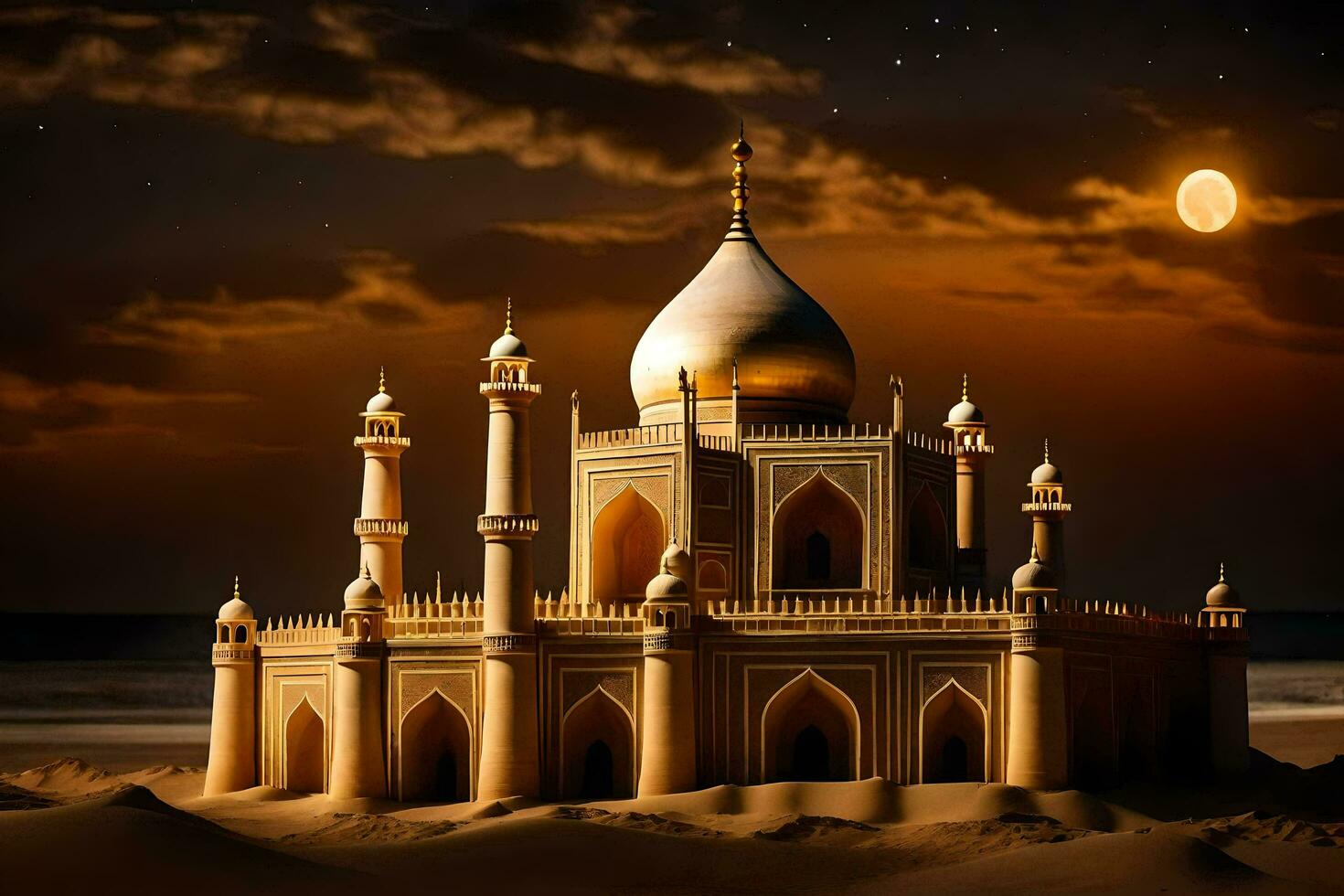 the moon rises over a sand dune with a mosque in the background. AI-Generated photo