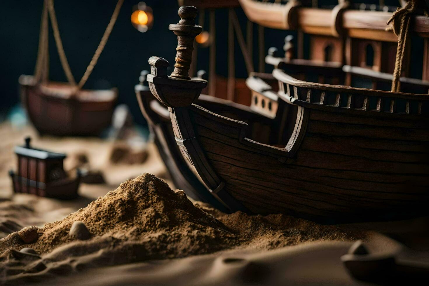 a model of a ship in the sand. AI-Generated photo