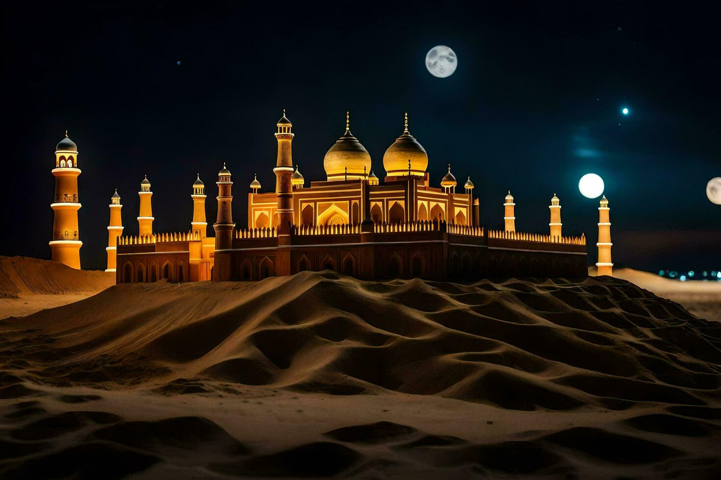 the moon is shining over a mosque in the desert. AI-Generated photo