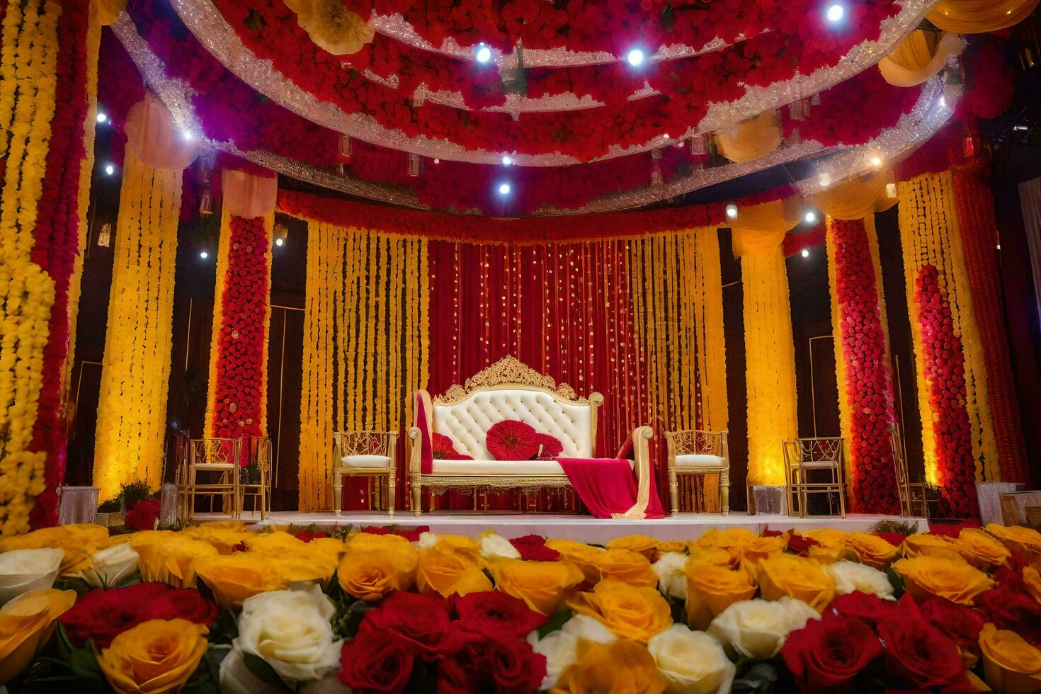 a wedding stage decorated with red and yellow flowers. AI-Generated photo