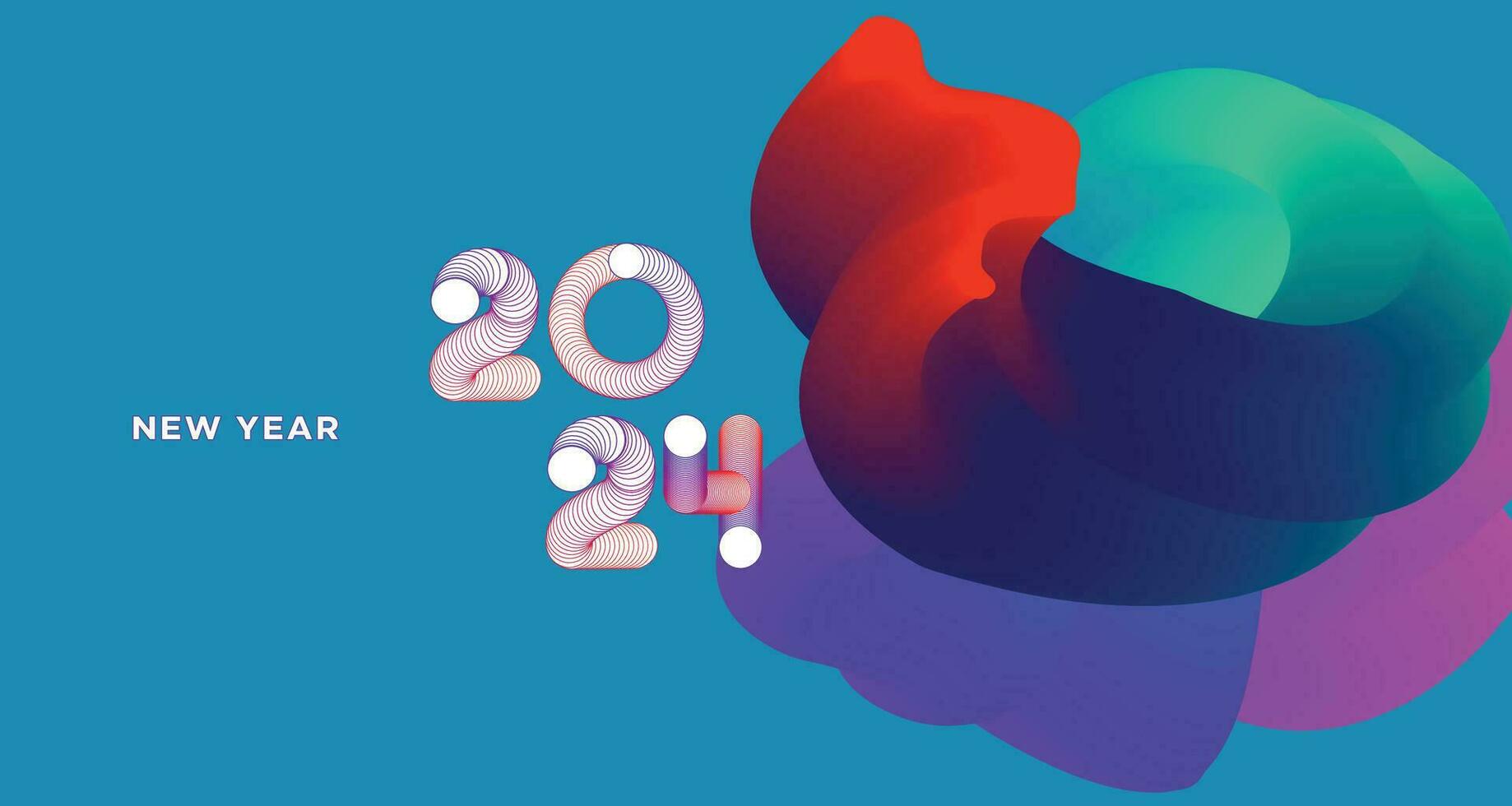 Happy New Year 2024 Colorful Greeting Card Banner for Social Media. Vector Abstract Fluid Background Design