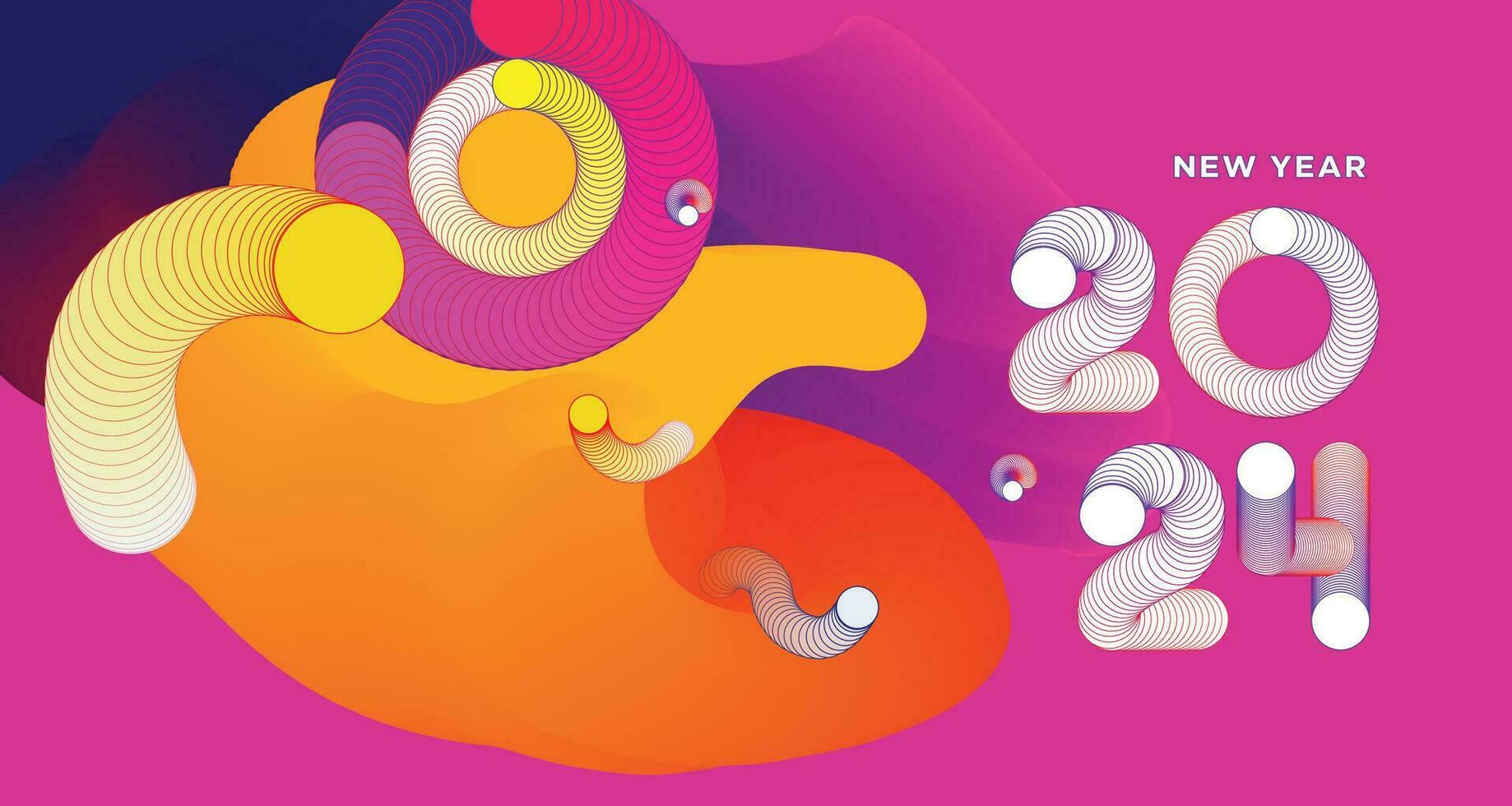 Happy New Year 2024 Colorful Greeting Card Banner for Social Media. Vector Abstract Fluid Background Design