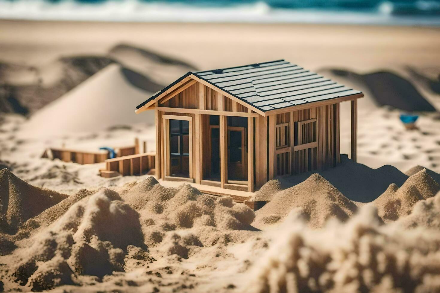 a miniature wooden house sits on the sand. AI-Generated photo