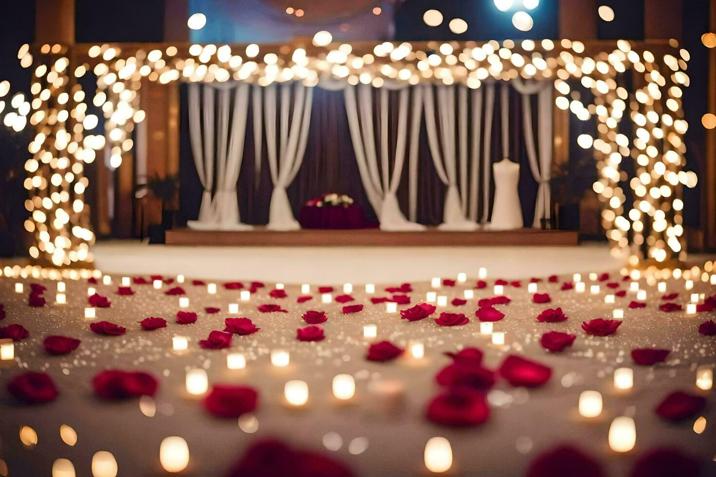 a wedding ceremony is set up with candles and red roses. AI-Generated photo
