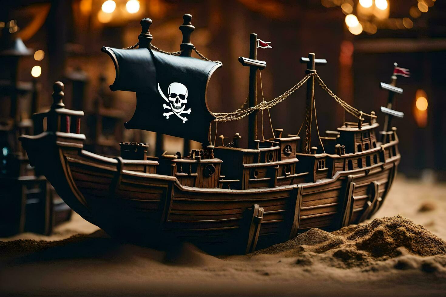 a pirate ship is shown in a dark room. AI-Generated photo