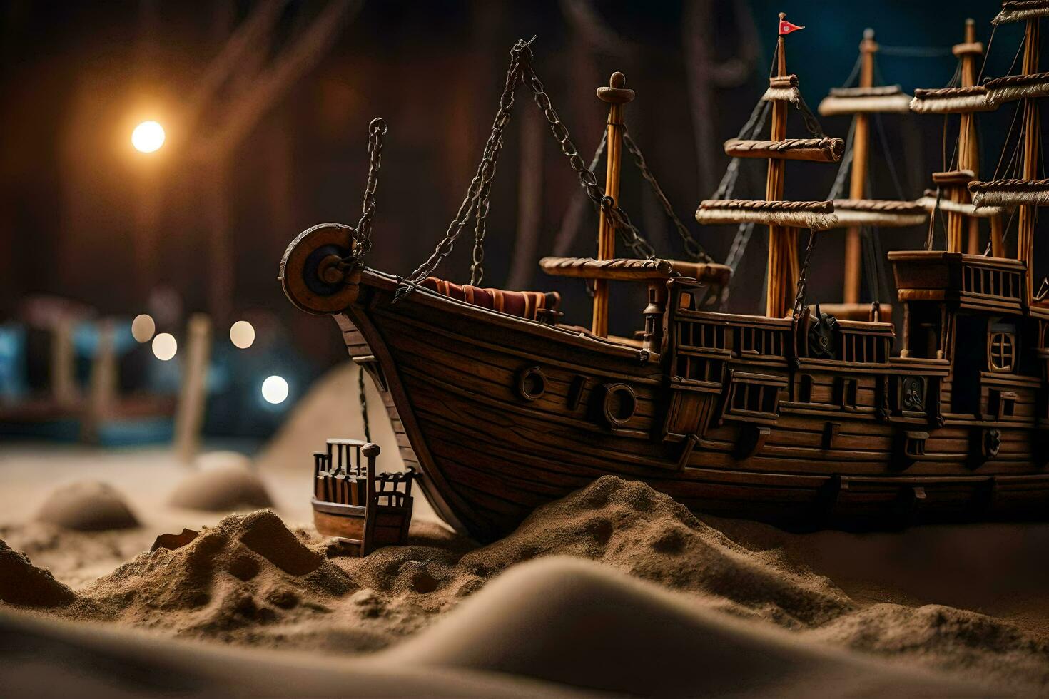 a model of a pirate ship in the sand. AI-Generated photo