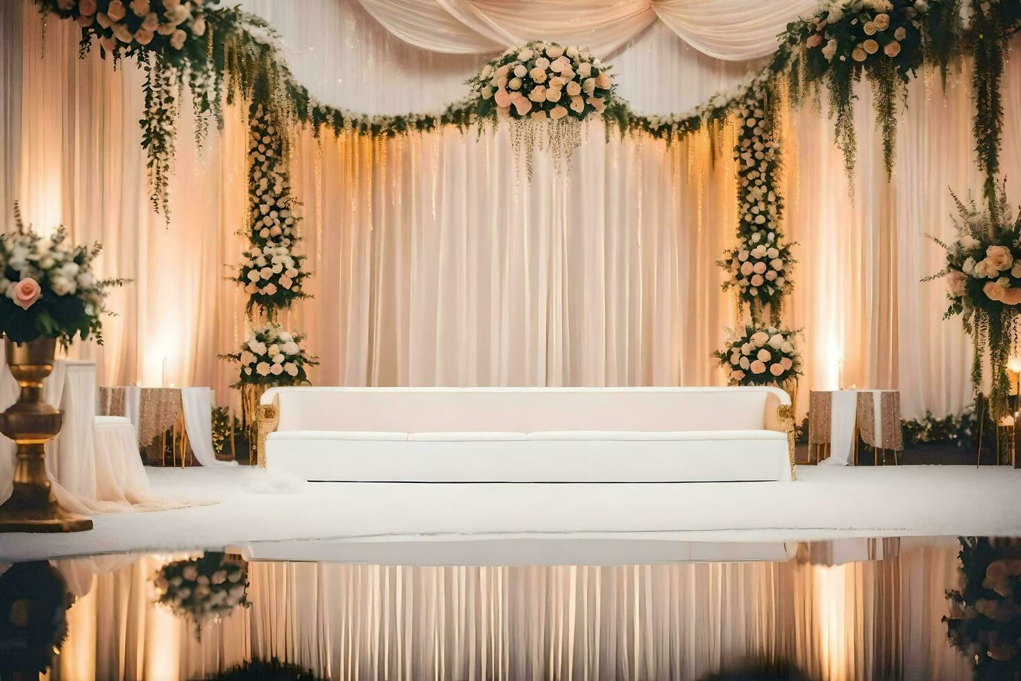 a wedding stage with white and gold decorations. AI-Generated photo