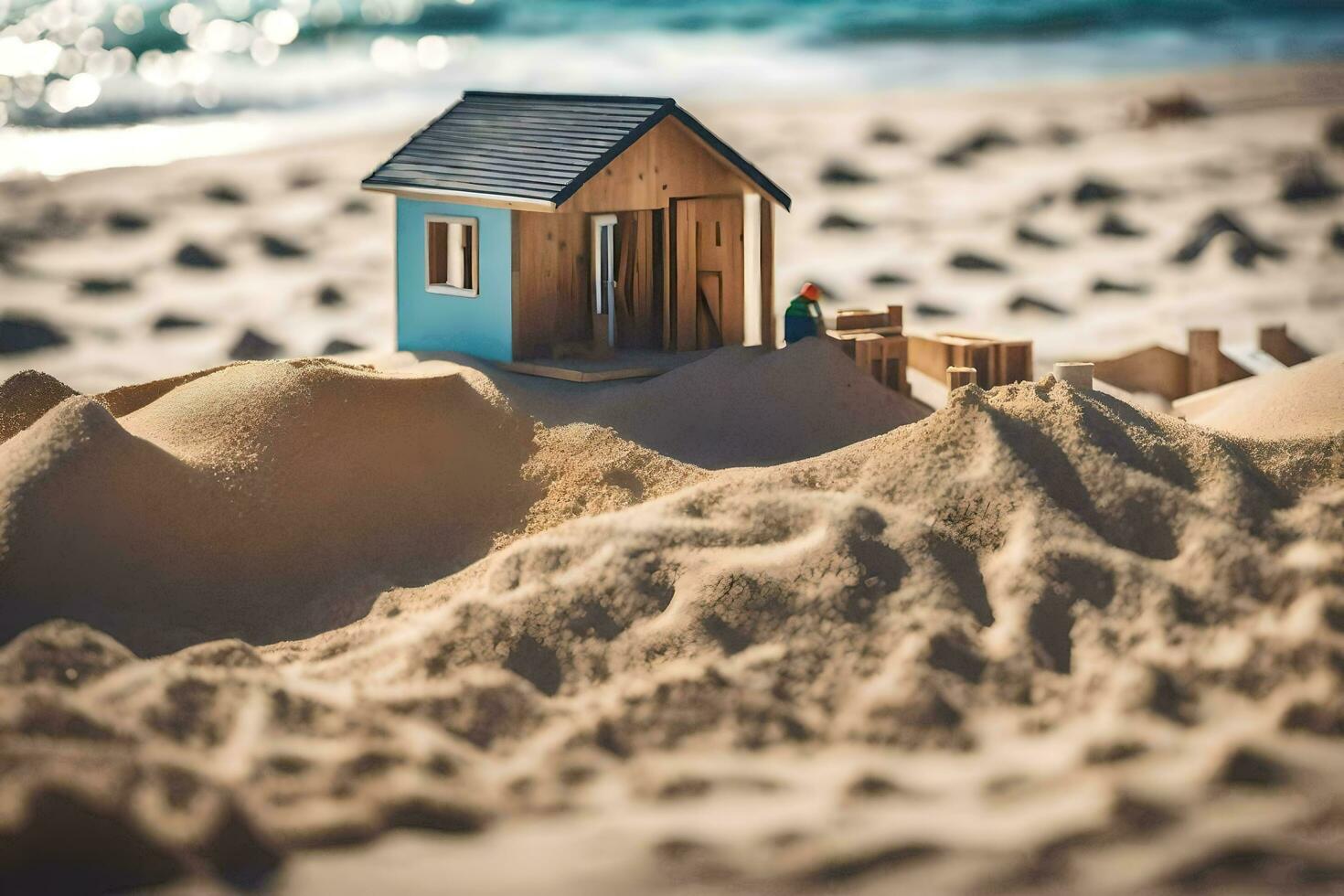 a miniature house on the beach. AI-Generated photo