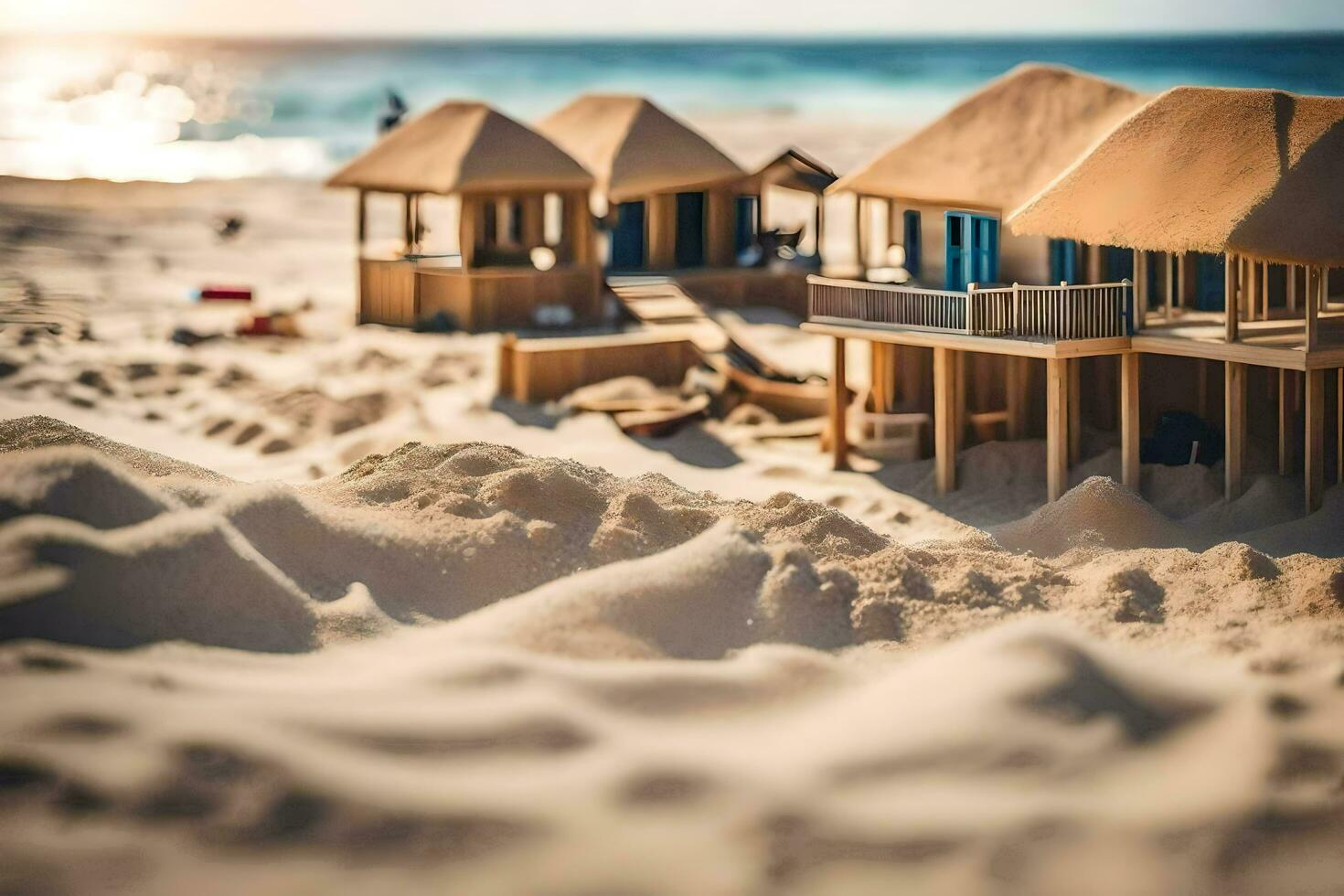 a miniature beach house is sitting on the sand. AI-Generated photo