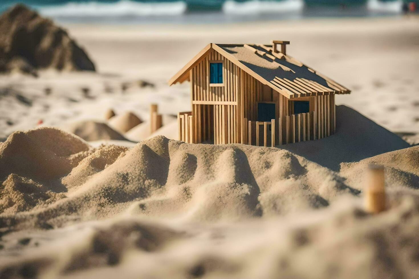 a small wooden house sits in the sand on the beach. AI-Generated photo