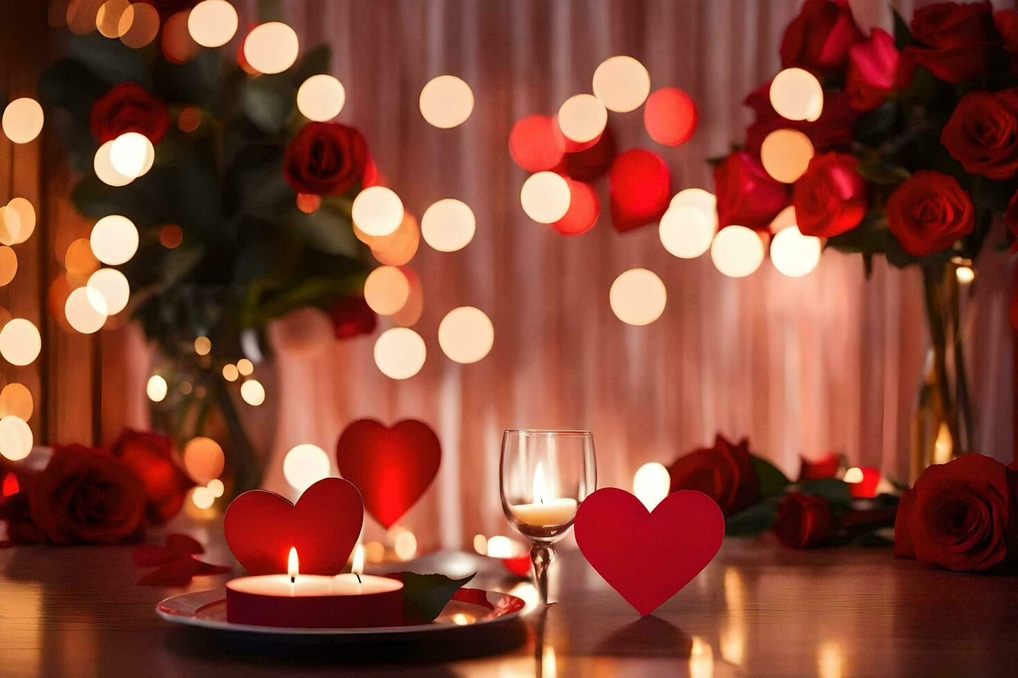 valentine's day table setting with red hearts and candles. AI-Generated photo