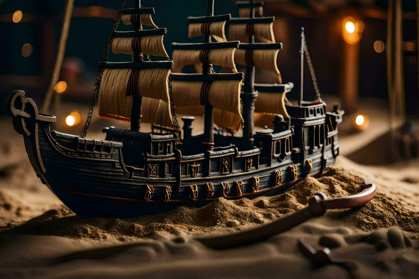 a model pirate ship sits on the sand. AI-Generated photo