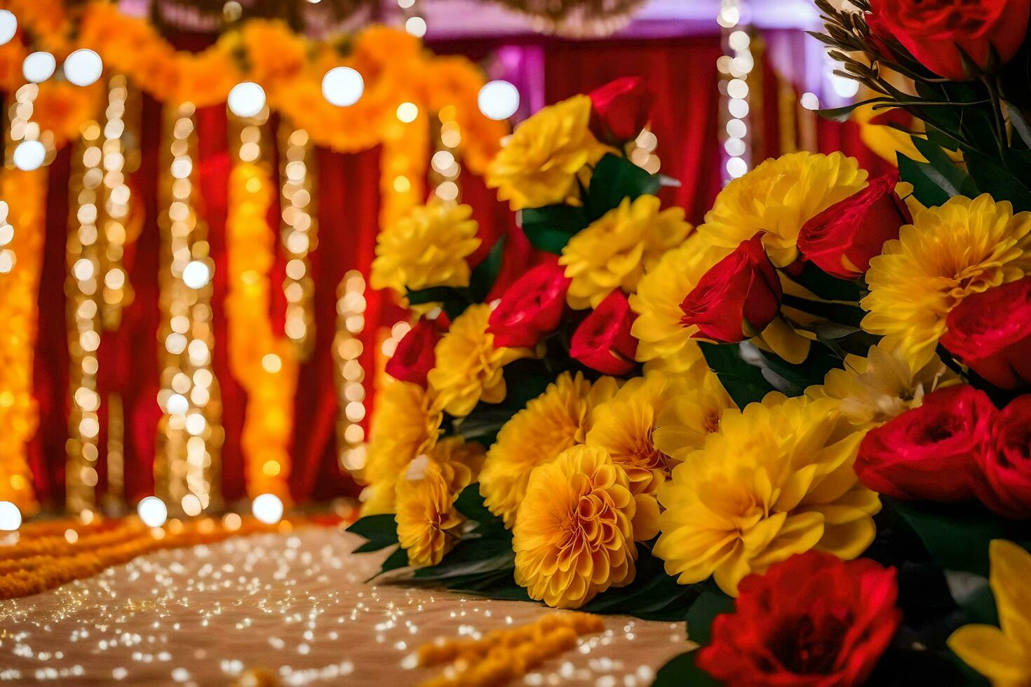 a table with yellow and red flowers and garlands. AI-Generated photo