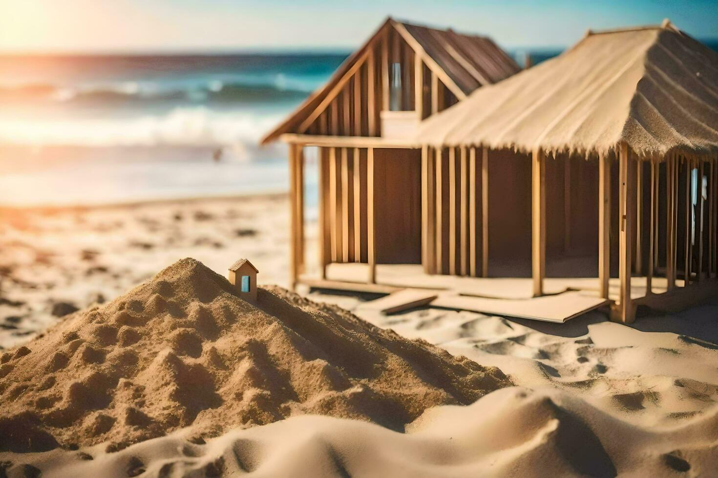 a wooden house on the beach with sand. AI-Generated photo