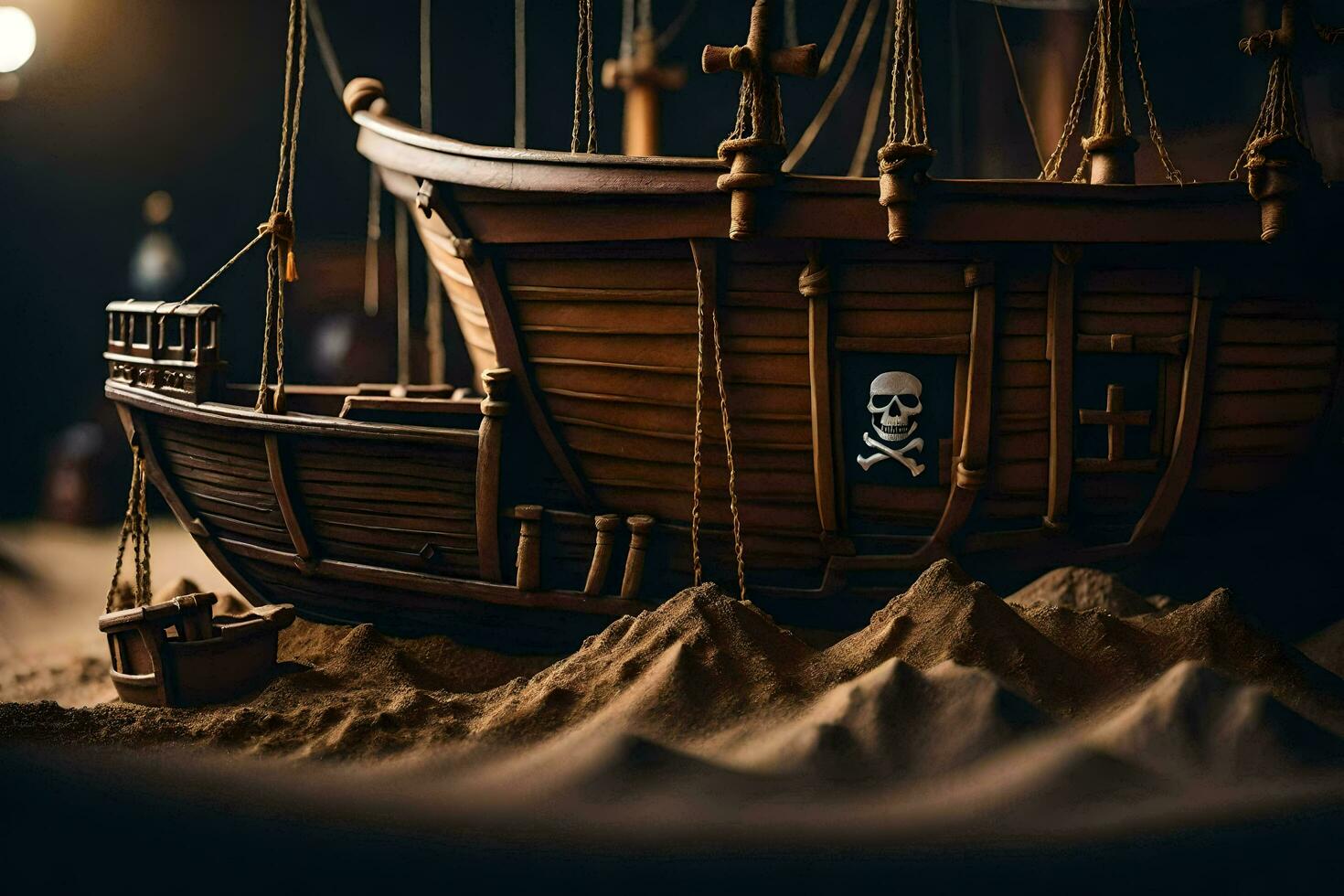 a pirate ship is shown in a dark room. AI-Generated photo
