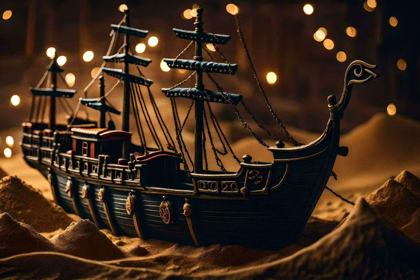 a model ship is sitting on sand in front of a light. AI-Generated photo
