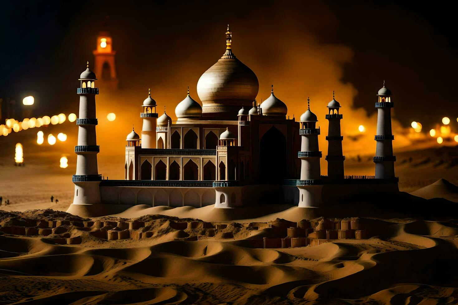 a model of a mosque in the desert at night. AI-Generated photo