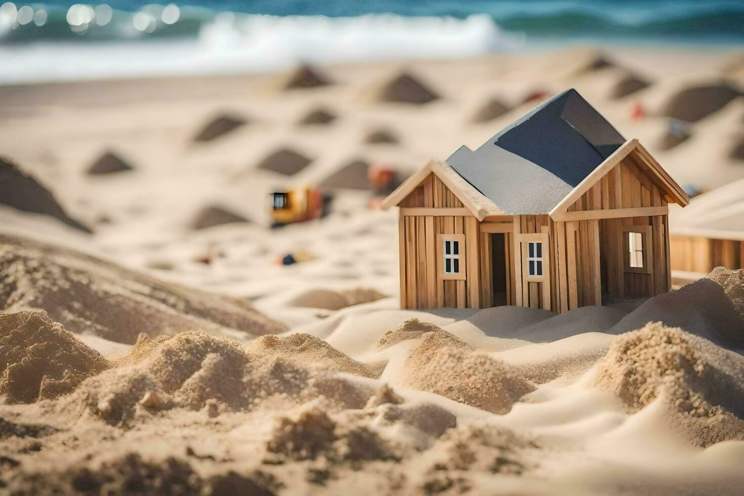 a small wooden house sits in the sand on the beach. AI-Generated photo