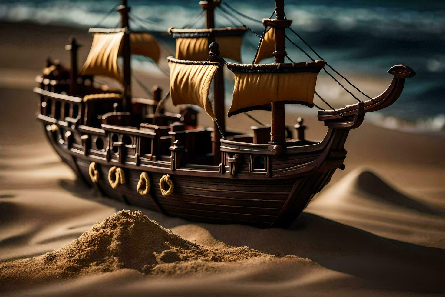 a model of a pirate ship on the beach. AI-Generated photo