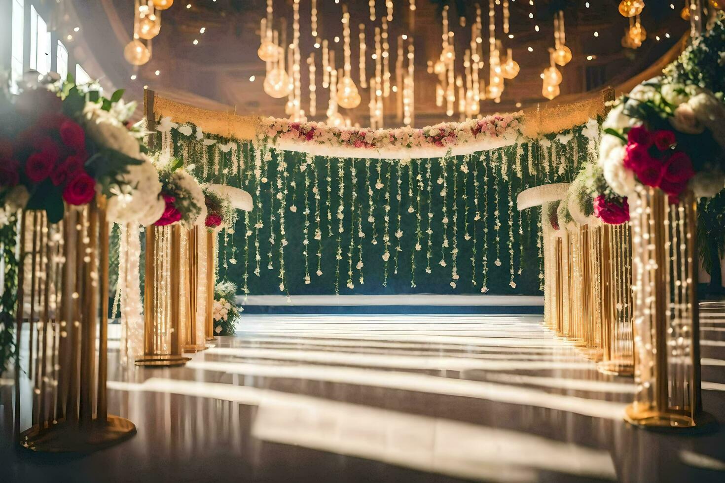 a wedding ceremony with gold pillars and flowers. AI-Generated photo