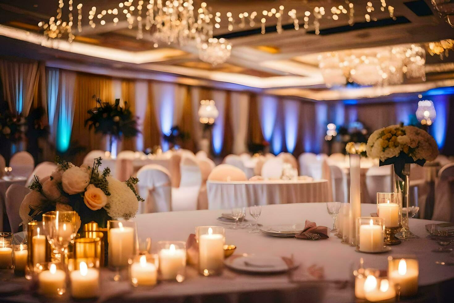 a wedding reception with candles and chandeliers. AI-Generated photo