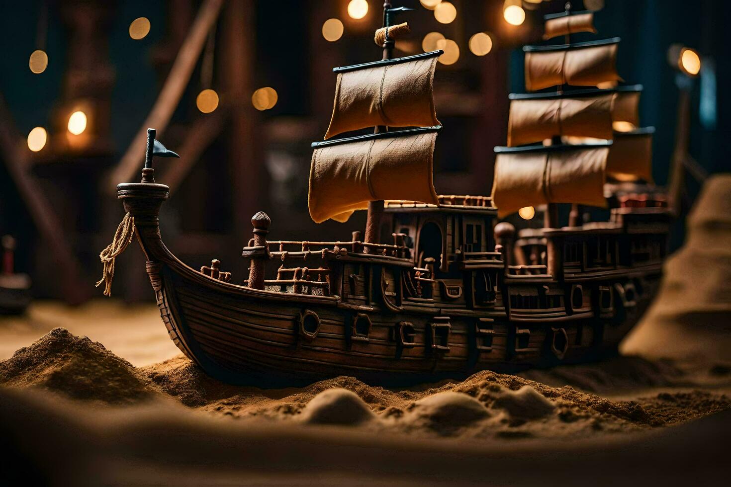 a model of a ship in the sand. AI-Generated photo