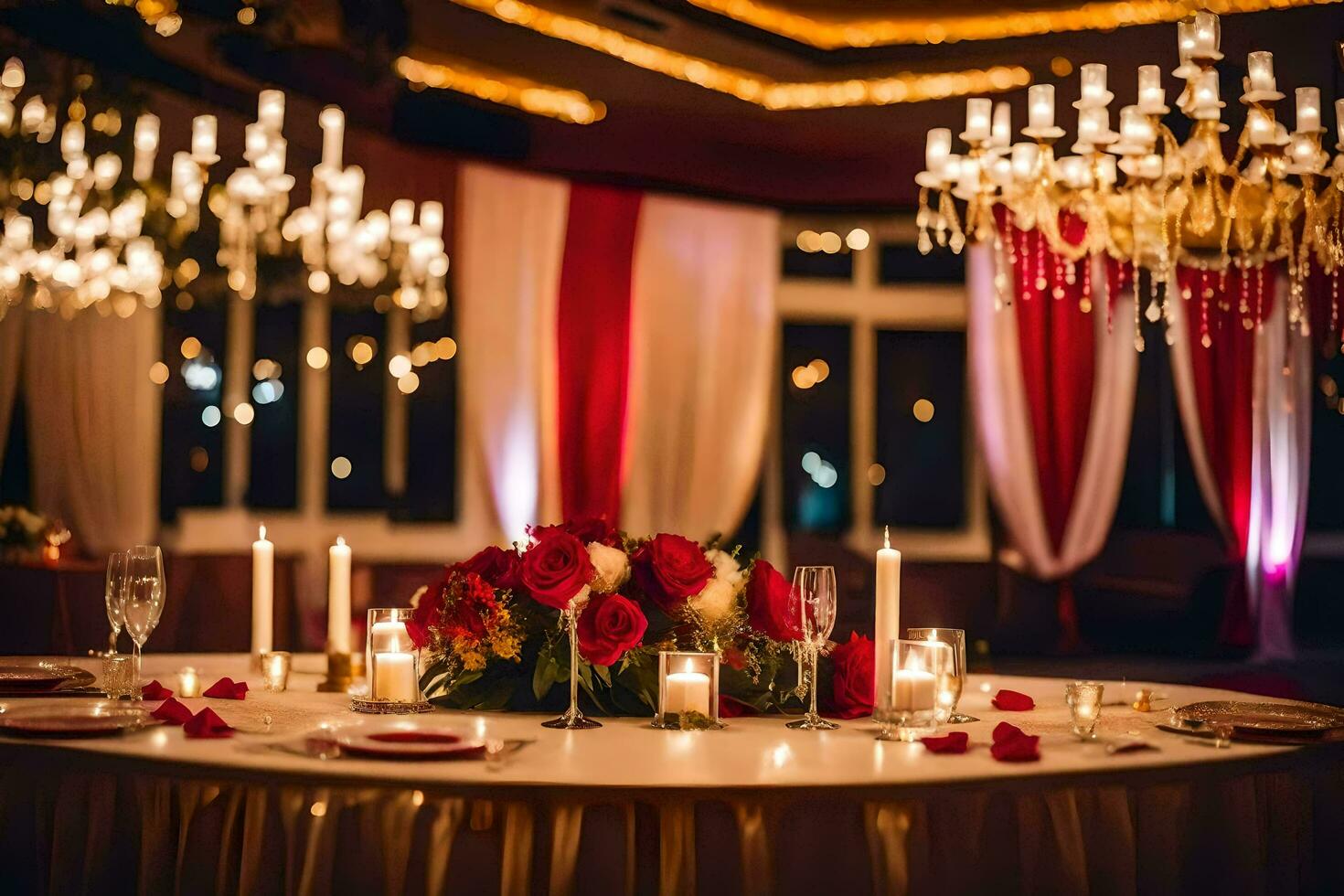 a table with red and white flowers and candles. AI-Generated photo