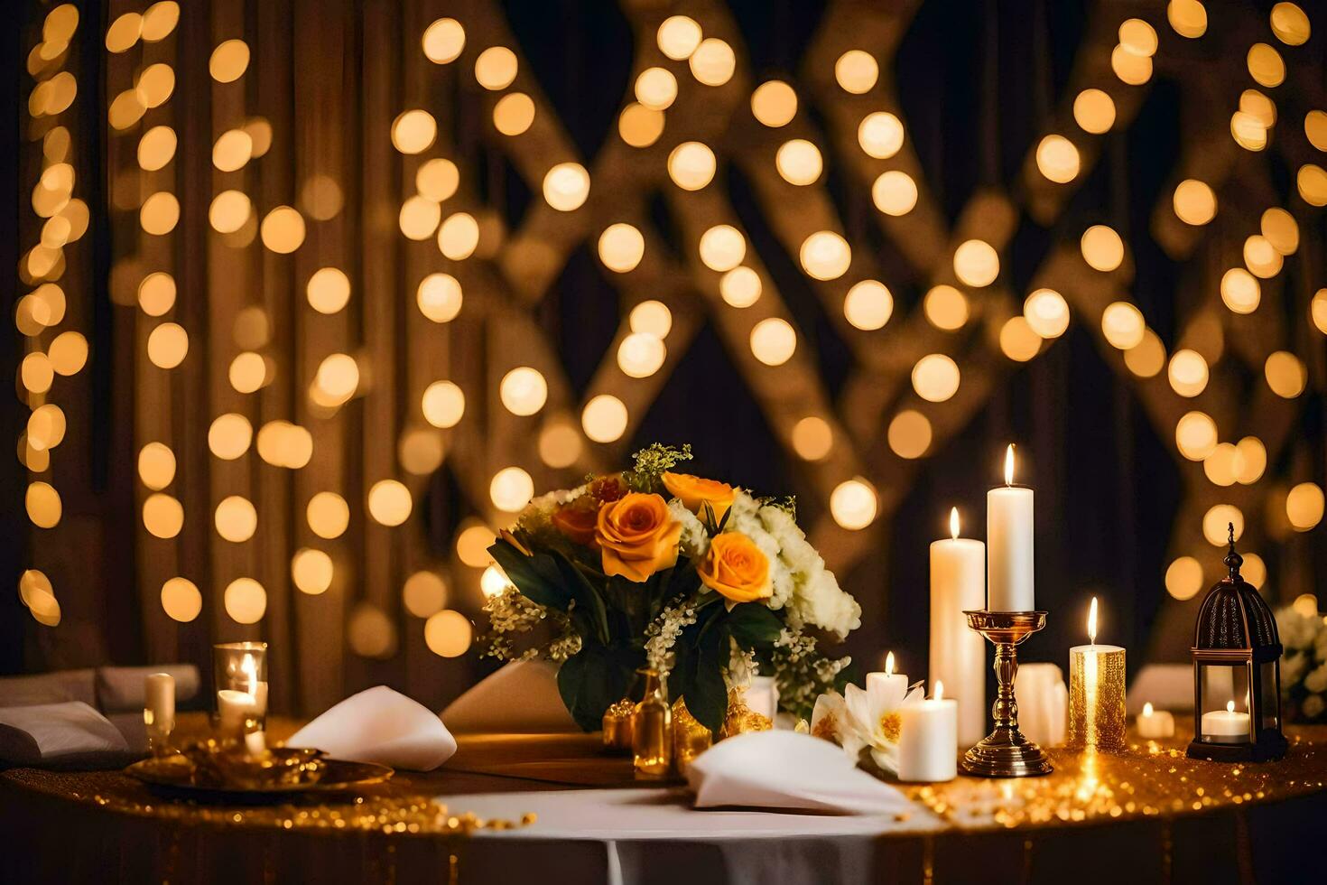 a table with candles and flowers in front of a backdrop of lights. AI-Generated photo