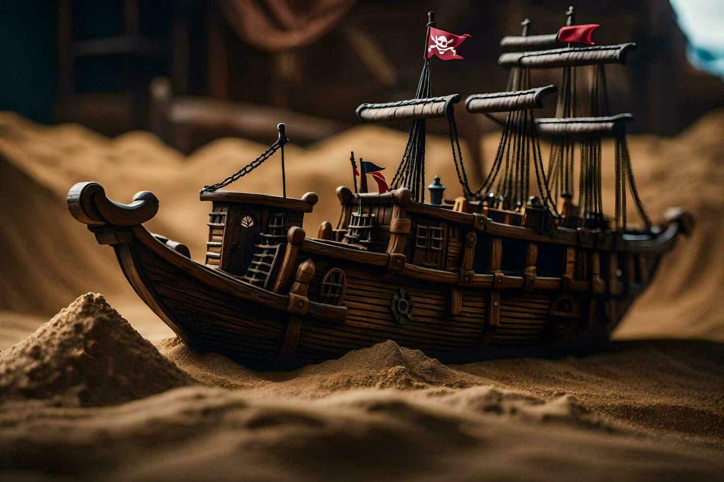 a model of a pirate ship in the sand. AI-Generated photo