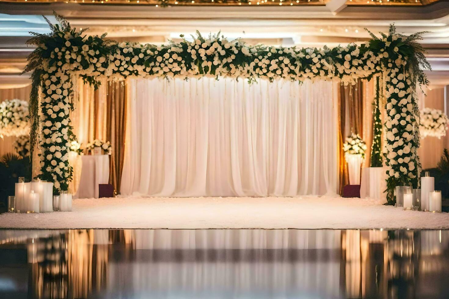 a wedding ceremony with white flowers and candles. AI-Generated photo