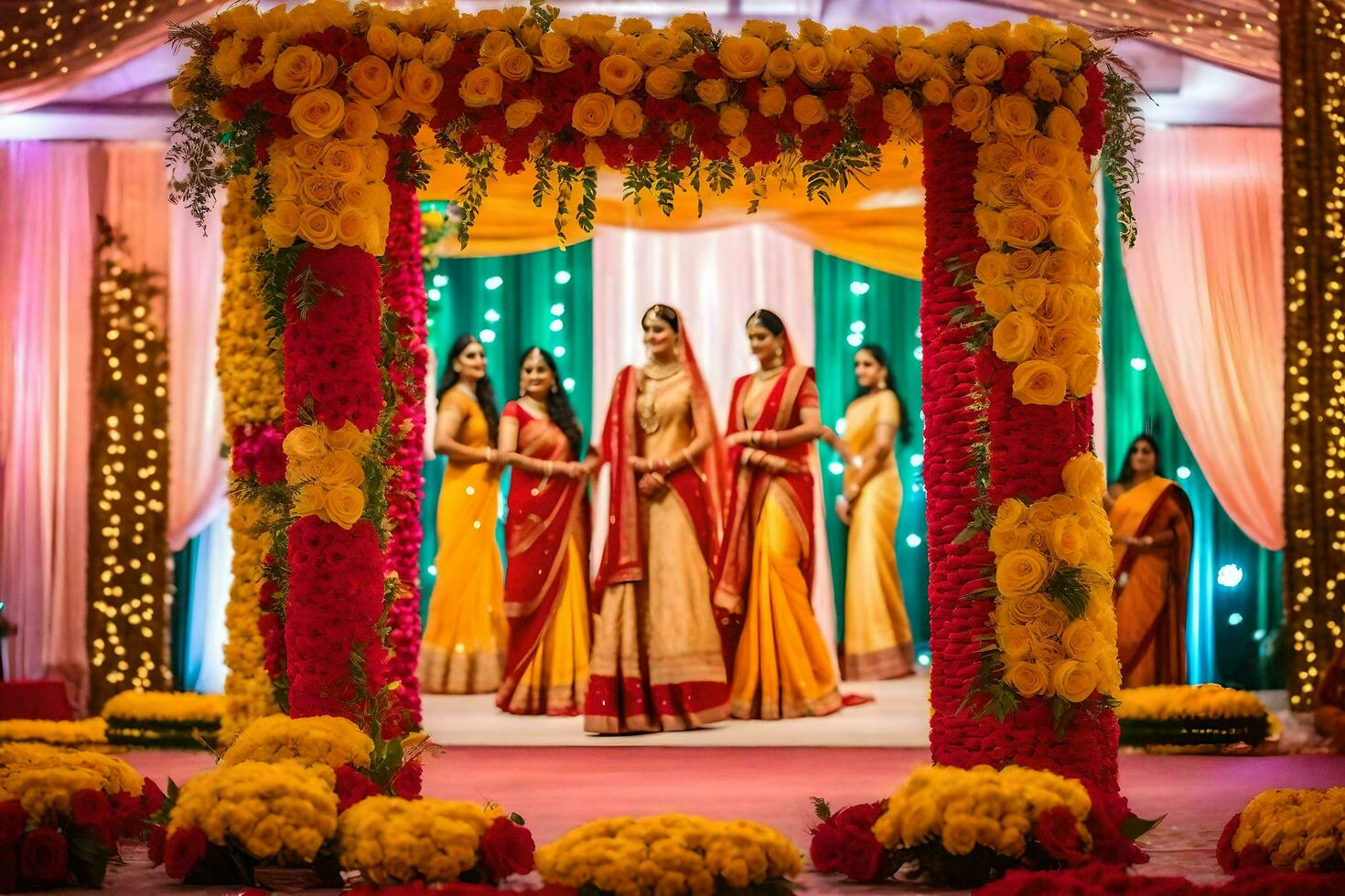a wedding ceremony with a colorful archway. AI-Generated photo