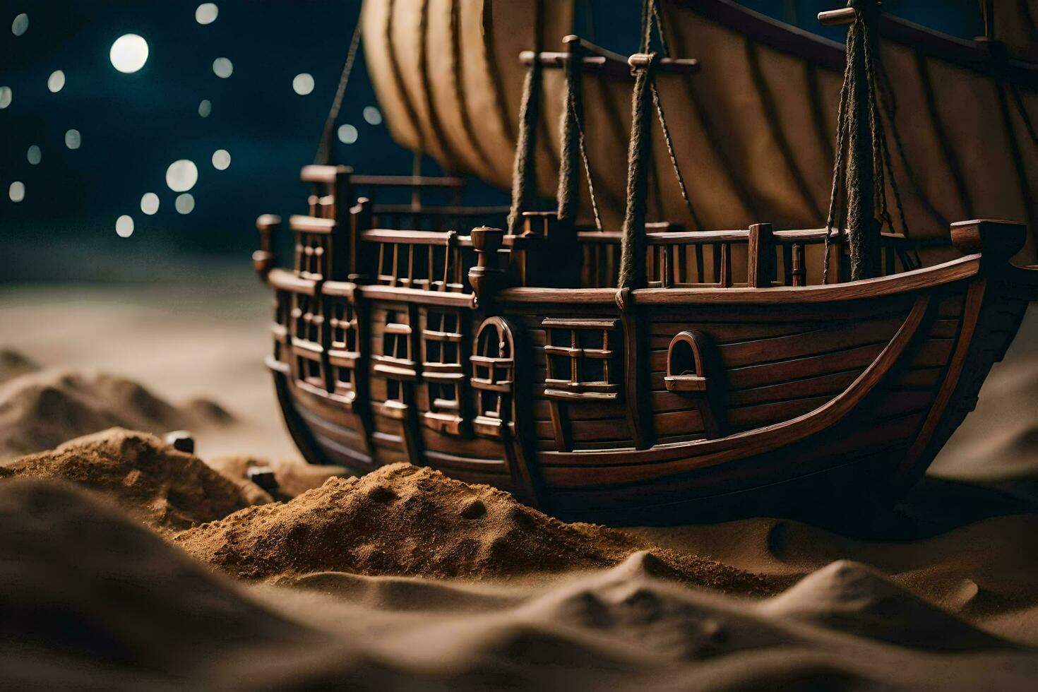 a model of a ship in the sand. AI-Generated photo