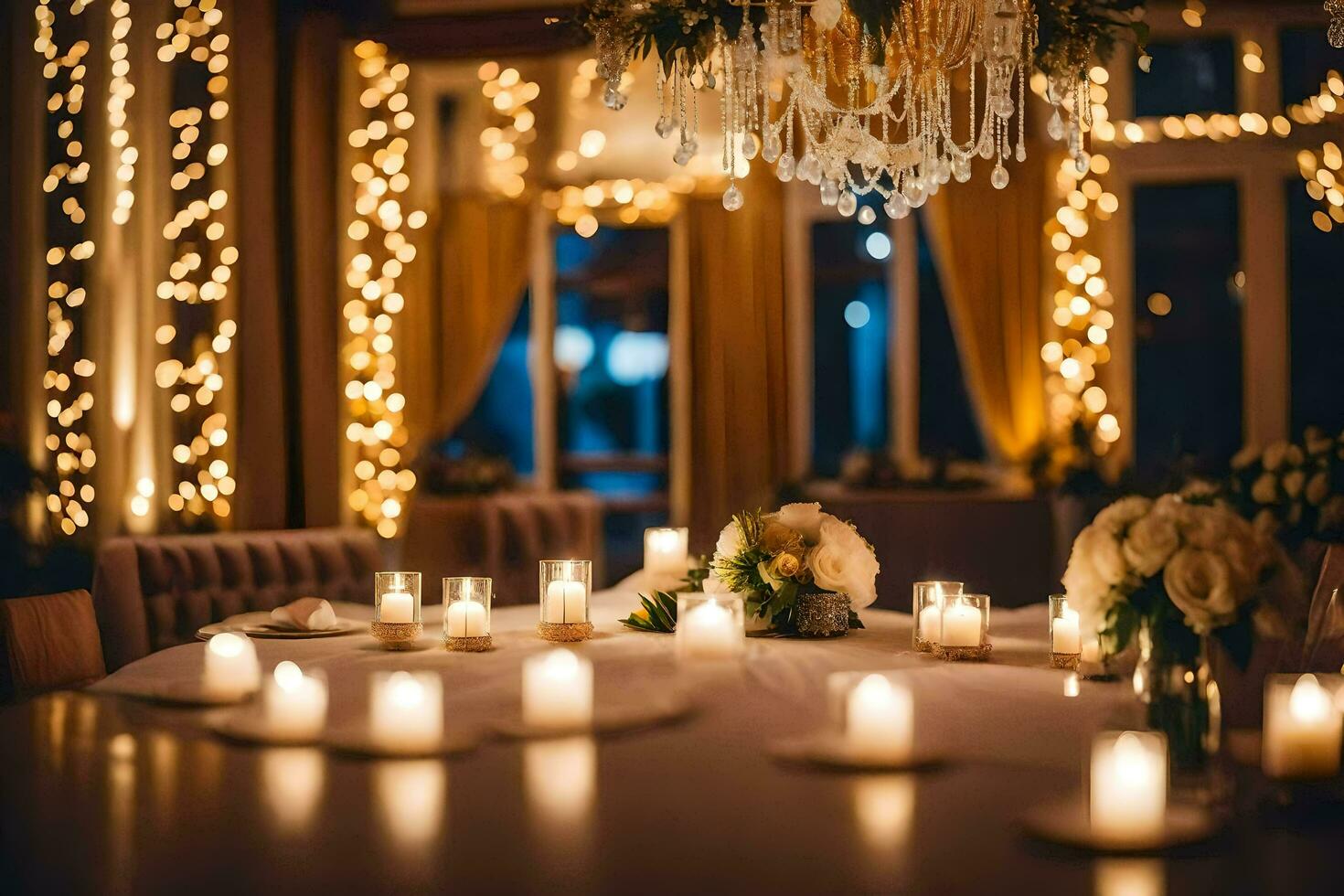 a table with candles and flowers in front of a window. AI-Generated photo