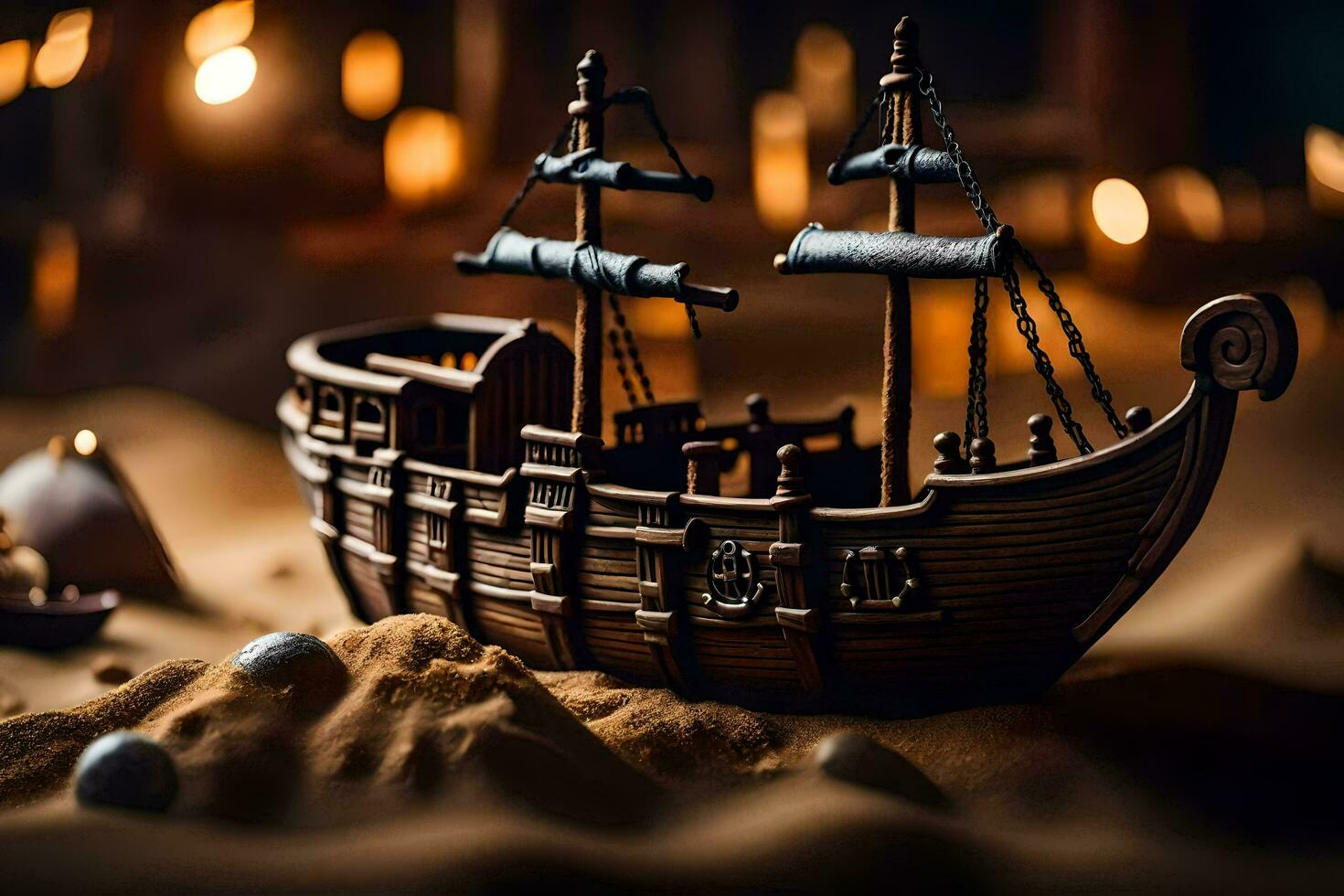 a model ship is sitting on sand. AI-Generated photo