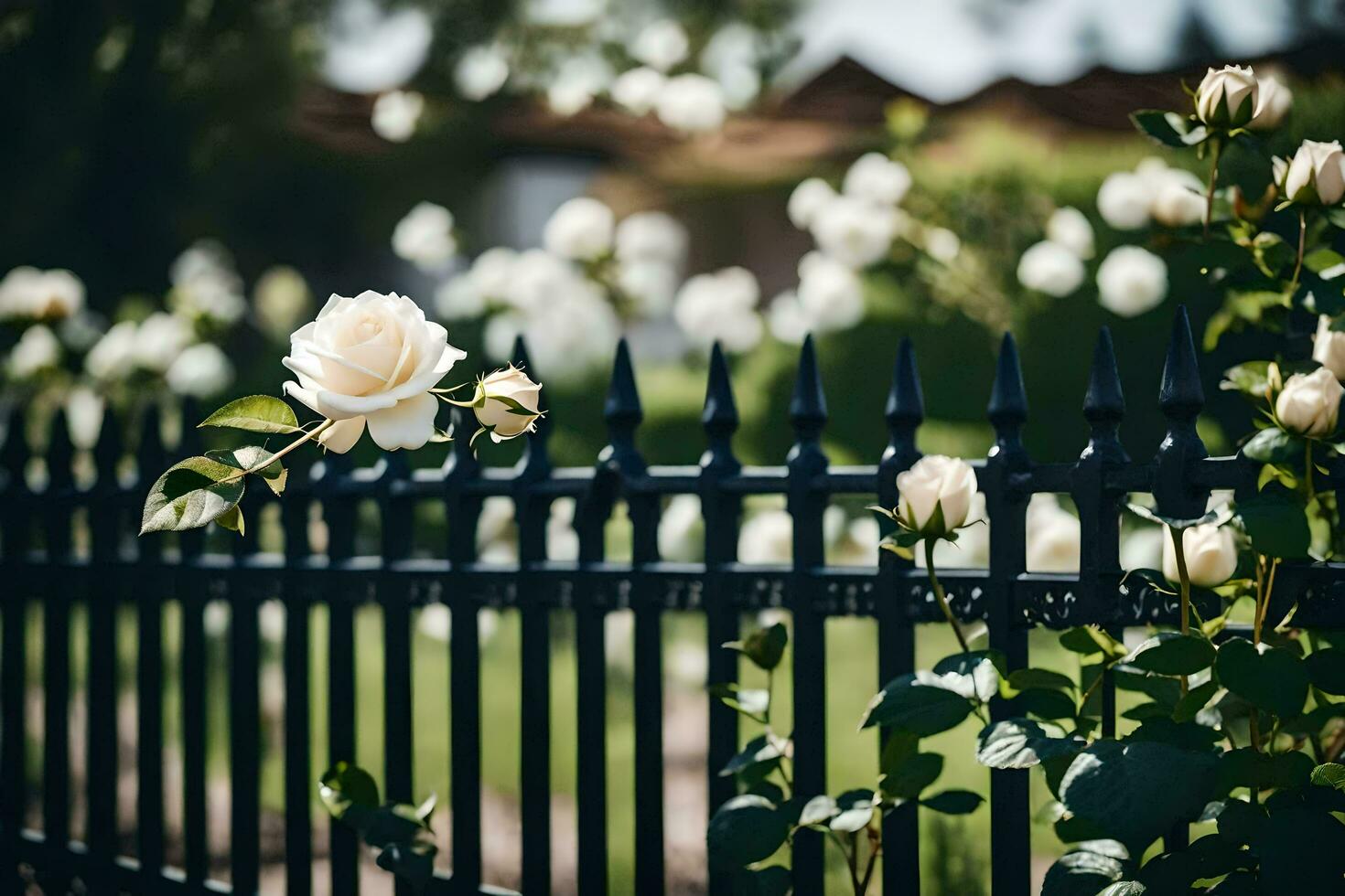white roses are growing on a black fence. AI-Generated photo