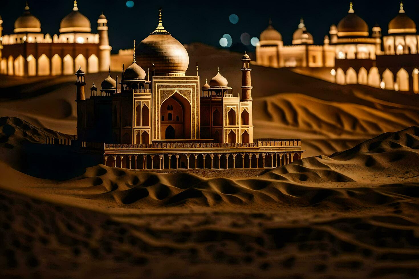 a model of a taj mahal in the desert. AI-Generated photo