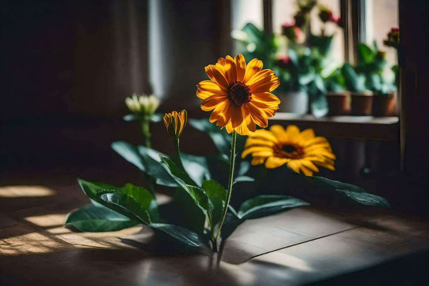 yellow flowers in a vase on a table. AI-Generated photo