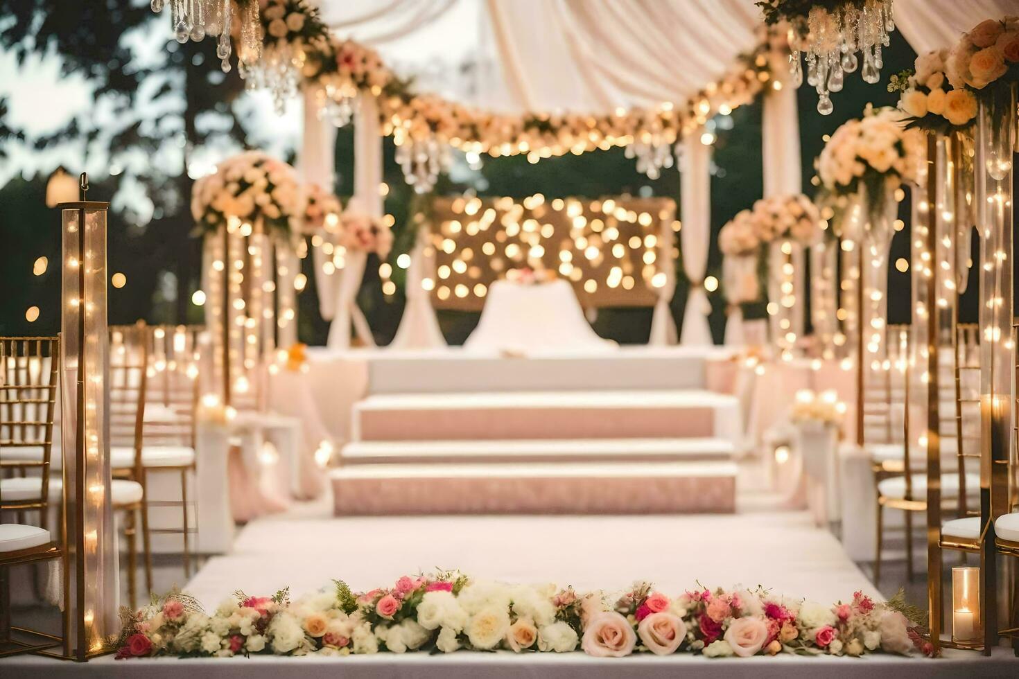 a wedding ceremony with flowers and candles. AI-Generated photo