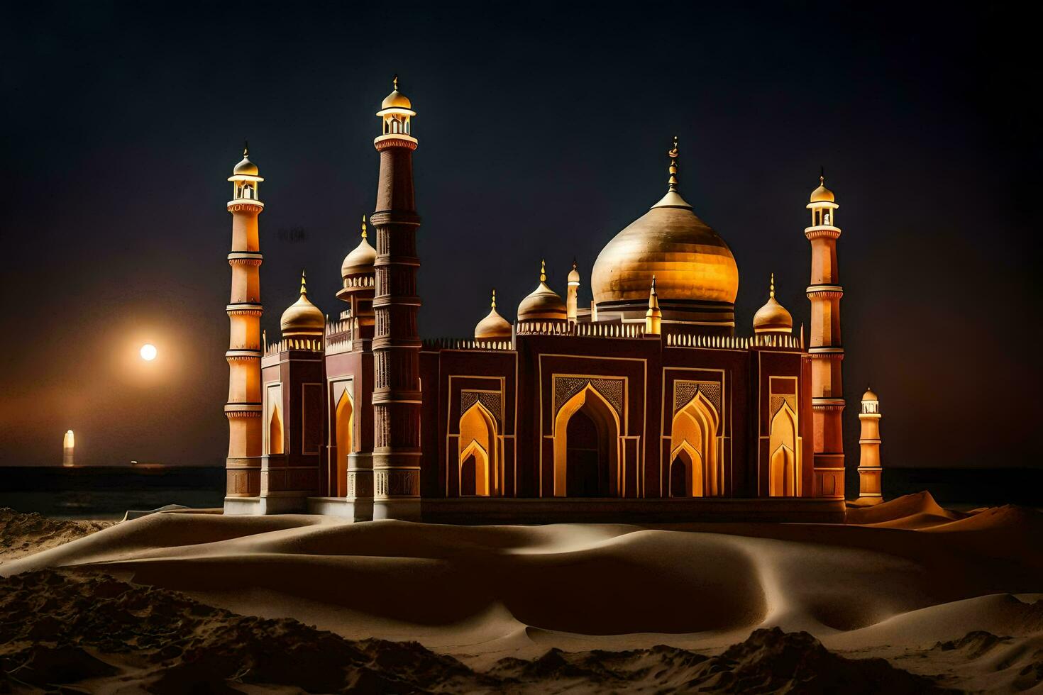 the mosque is lit up at night. AI-Generated photo