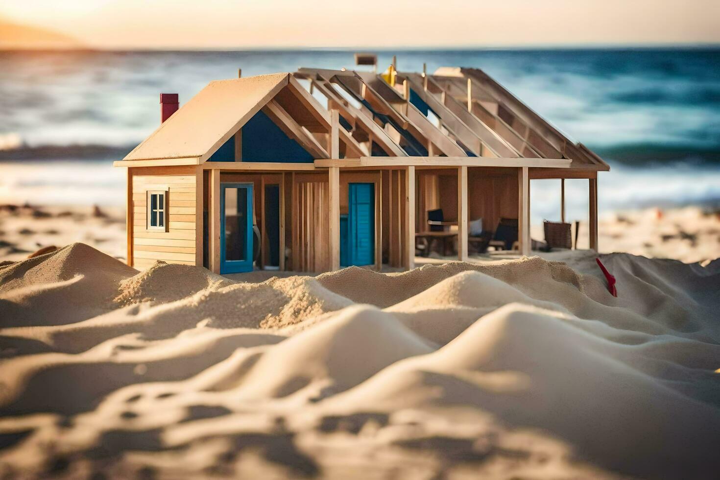 a miniature house on the beach with a blue door. AI-Generated photo