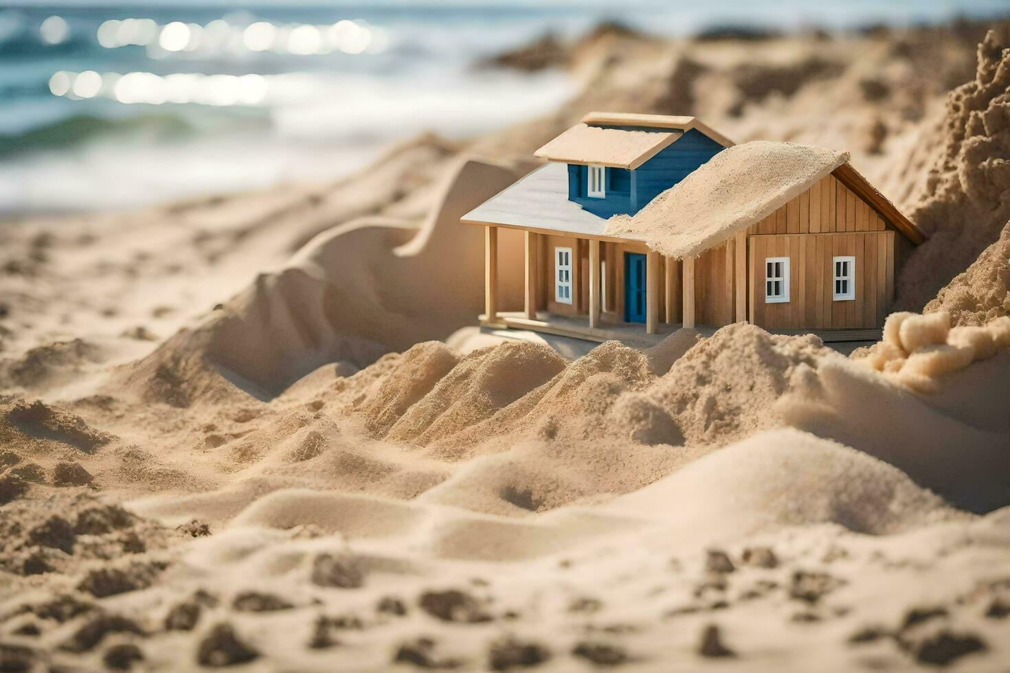 a small house is sitting in the sand on the beach. AI-Generated photo