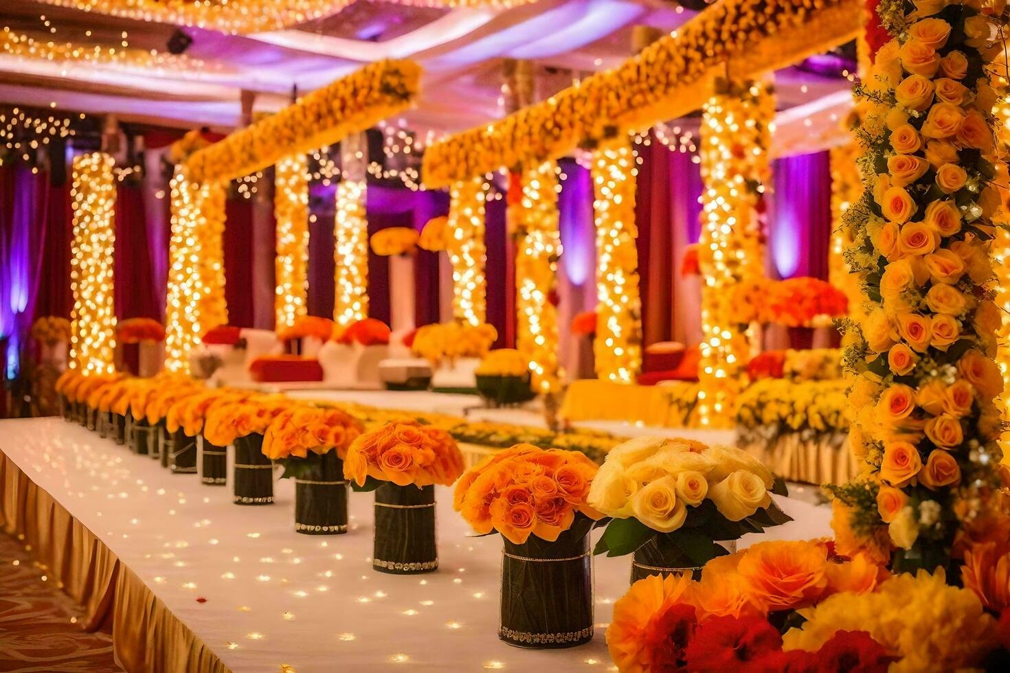 a wedding reception with orange flowers and candles. AI-Generated photo