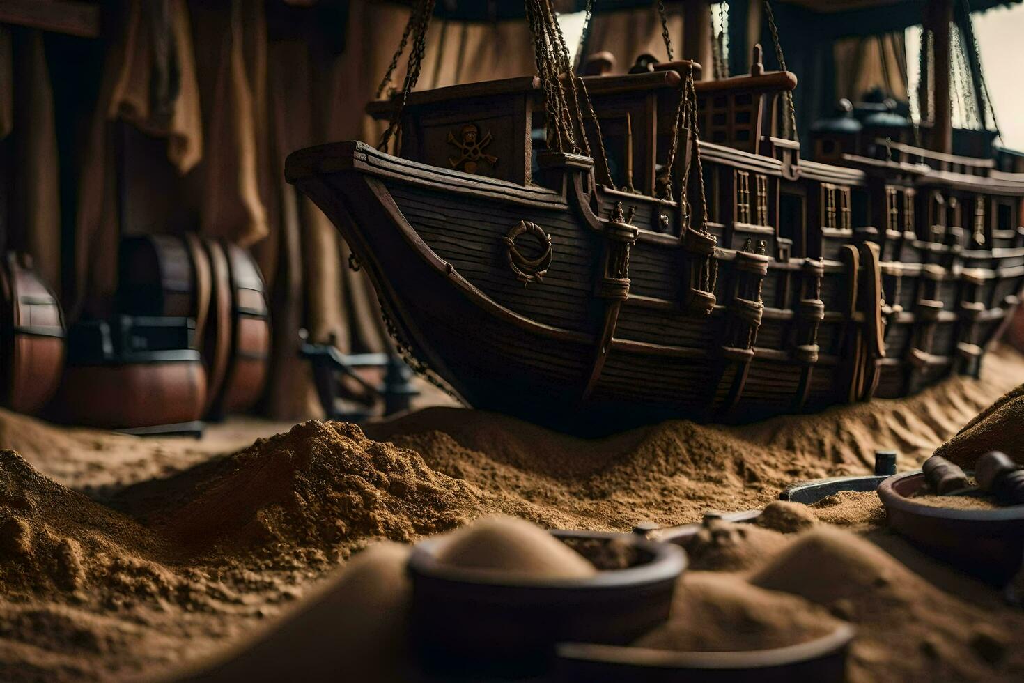 a model of a pirate ship in a sand pit. AI-Generated photo